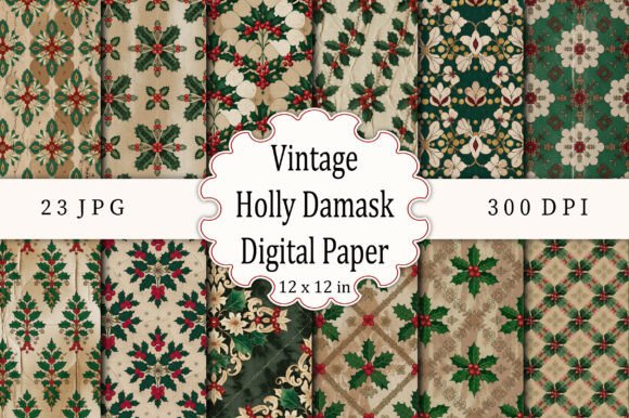 Download Vintage Holly Damask Digital Paper - Vintage holly Collection