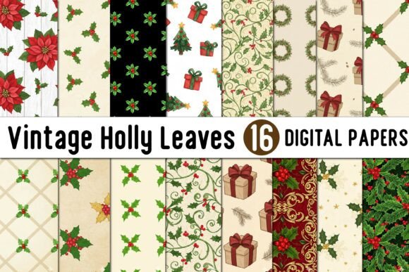 Download Vintage Holly Leaves Digital Paper - Vintage holly Collection